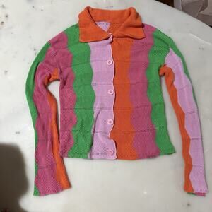 Y2K Women XS Retro Funky Rainbow Colorblock Stripe Wavy Cardigan Trendy Orange
